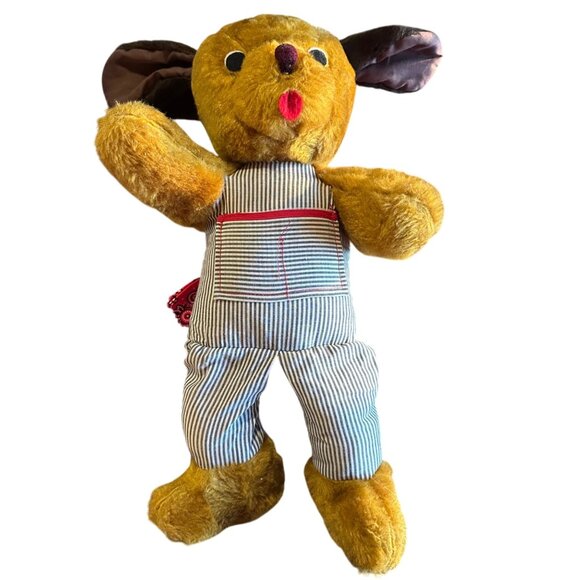 Vintage Knickerbocker Plush Dog In Striped Overalls With Red Bandana 16" Stuffed - Picture 2 of 9